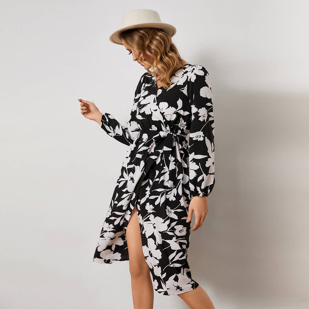 FLORAL SLIT WAIST STRAP LONG-SLEEVED DRESS
