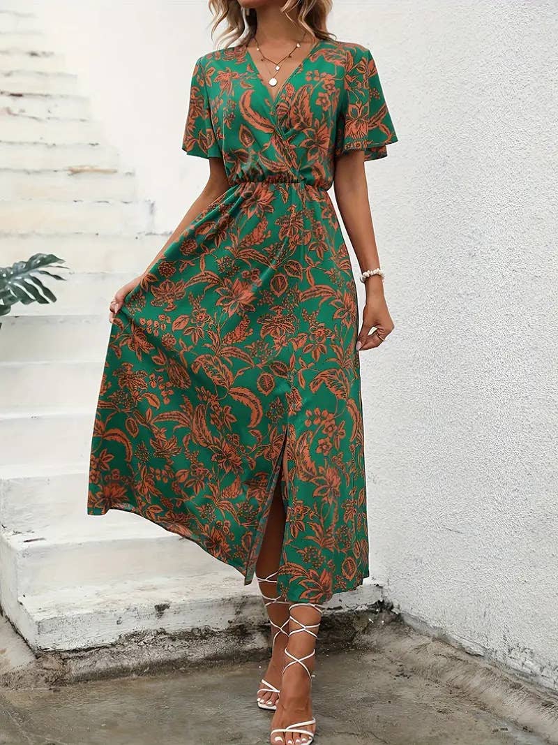 Floral printed V-neck A-line cinched waist dress