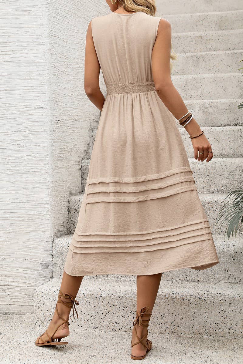 CWDMD4982_SOLID COLOR V-NECK SLEEVELESS DRESS