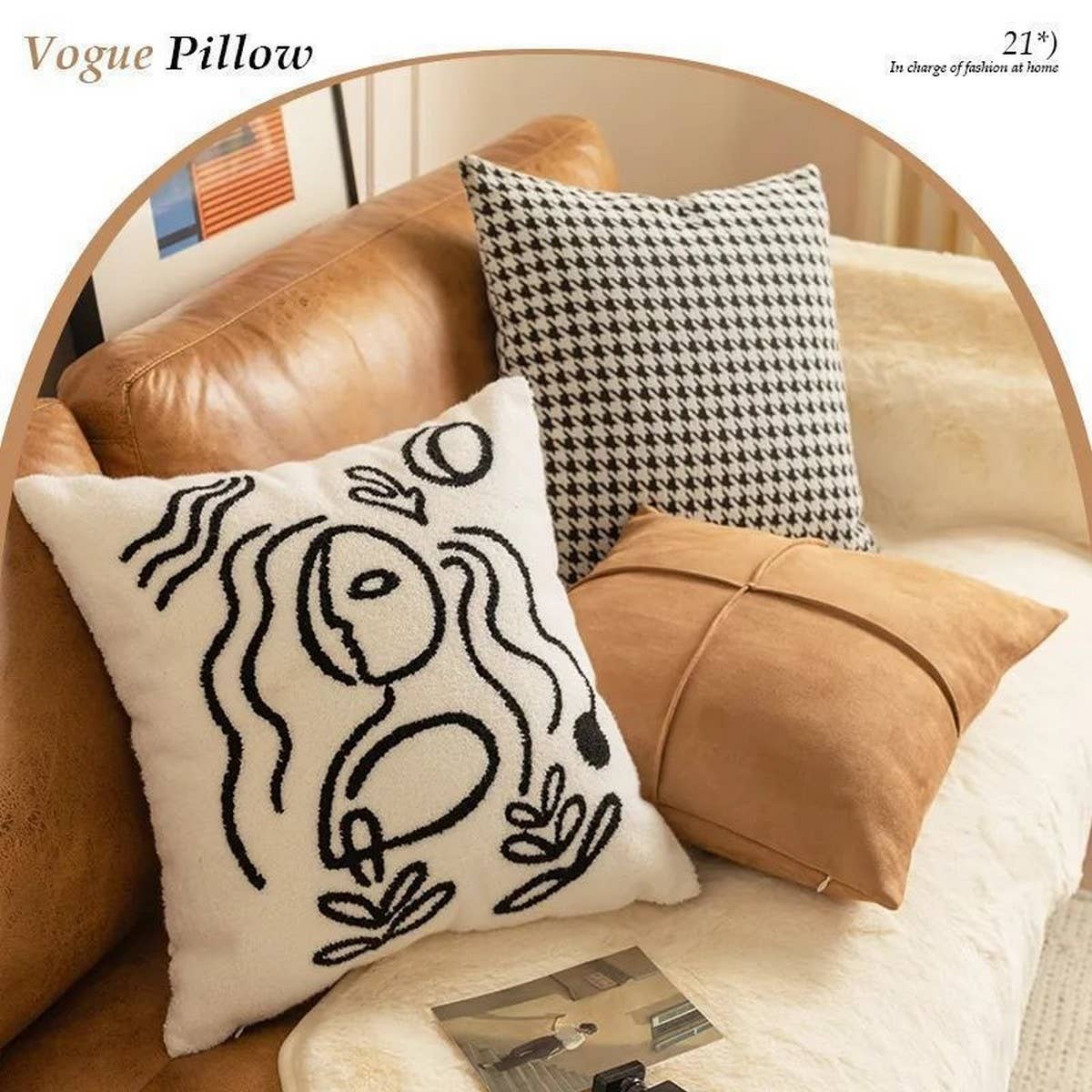 Houndstooth Embroidered Abstract Pillow Cover Decor