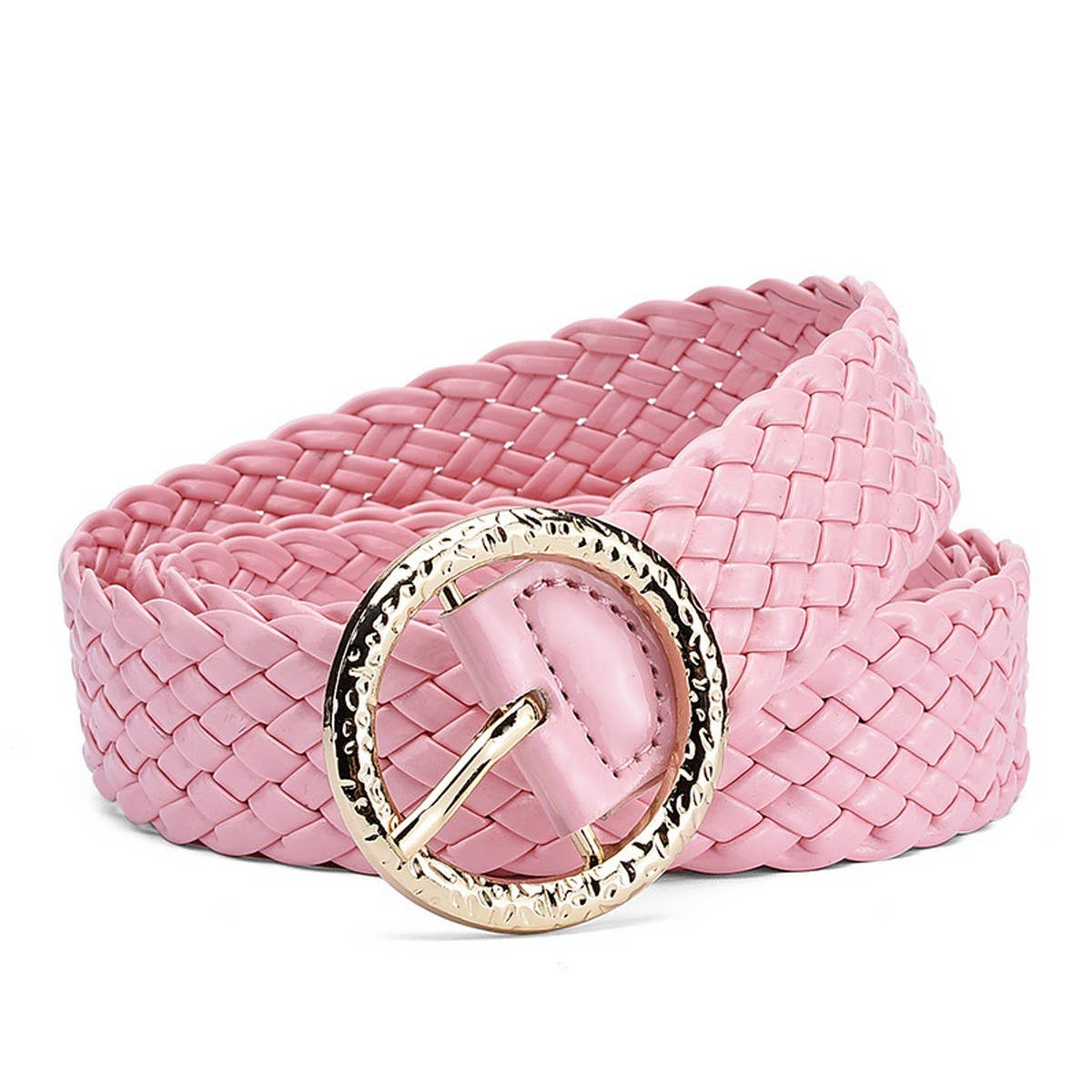 METAL ROUND BUCKLE PATENT LEATHER BRAIDED WIDE BELT
