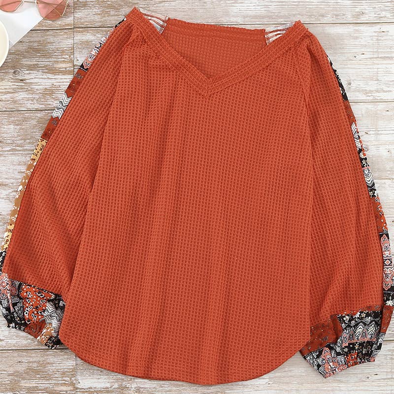 FLORAL SPLICED PRINTED V-NECK PULLOVER HOODIE