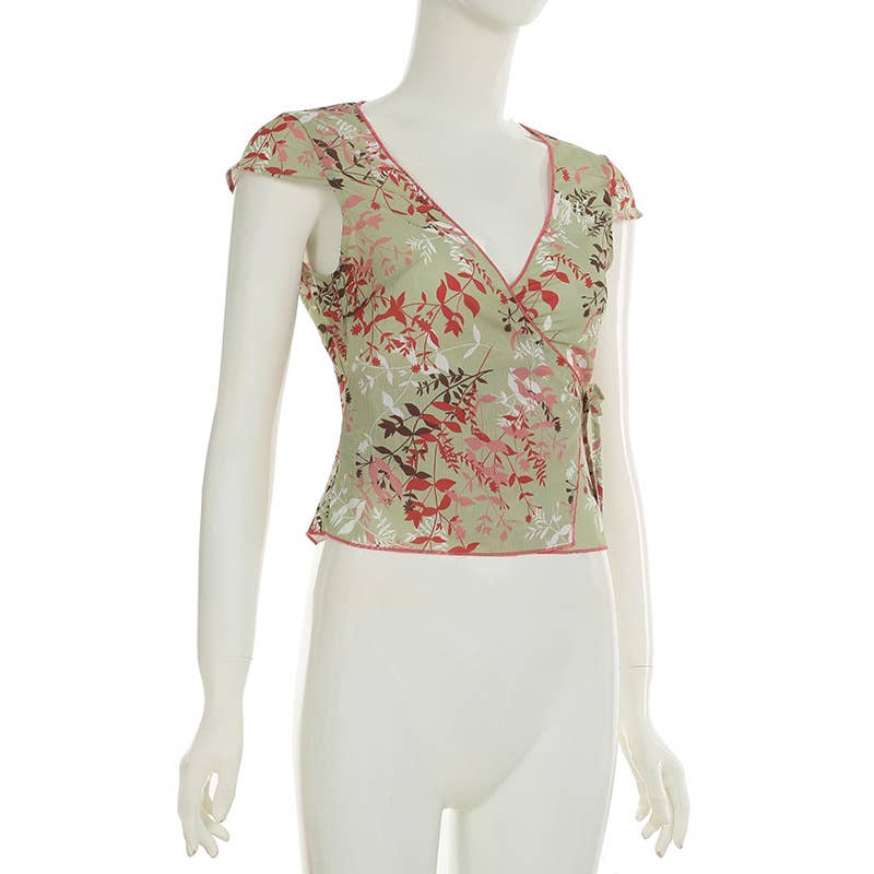 Floral tie V-neck puffed sleeve light T-shirt