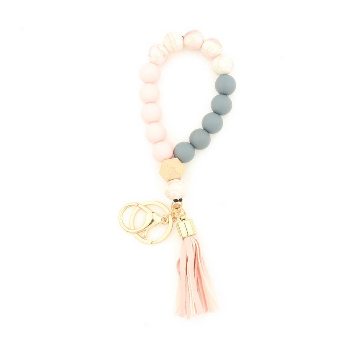 Silicone & Wood Bead Bracelet with Leather Keychain