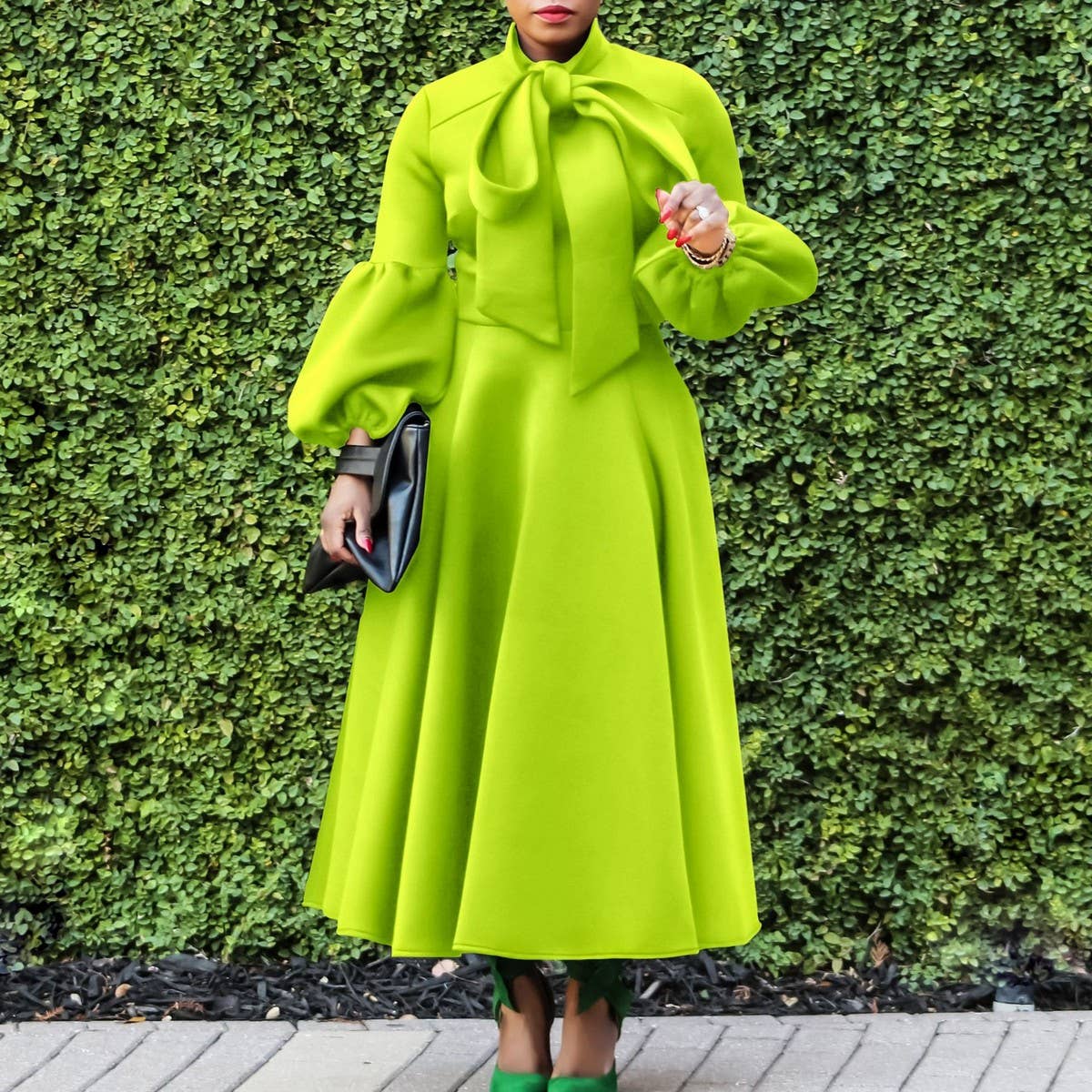 LANTERN SLEEVE HIGH WAIST BOW OVERSIZED DRESS_CWDMD3664