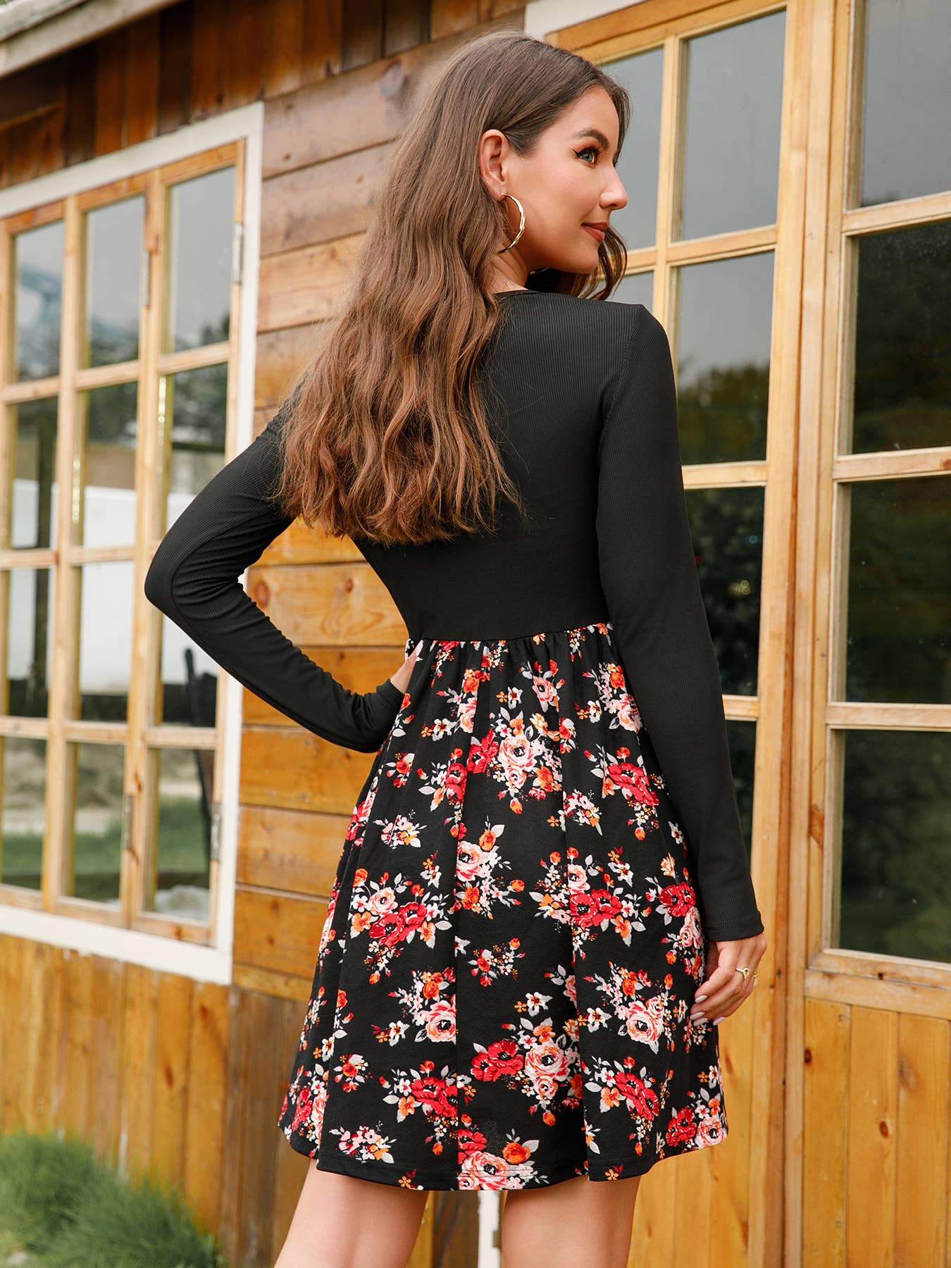 Floral print button patchwork elegant dress