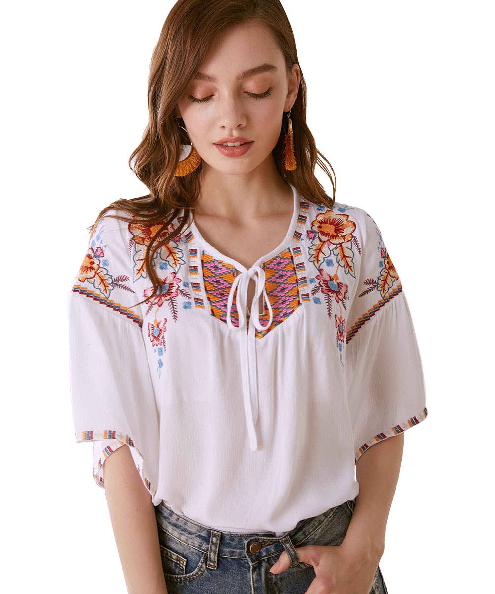 FLORAL EMBROIDERY V-NECK BLOUSE BLOUSE