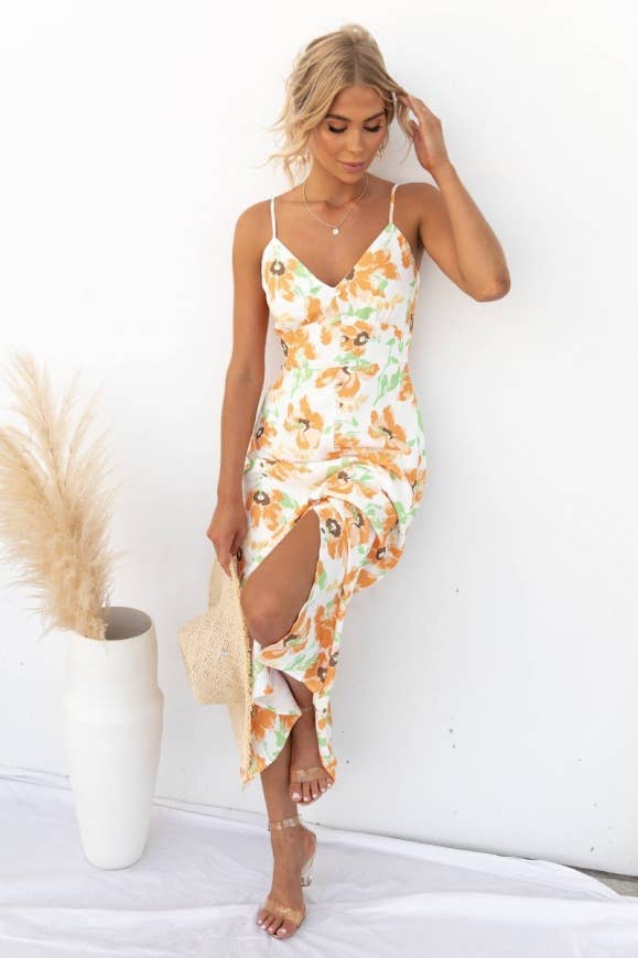 Floral print elegant slit long halter dress