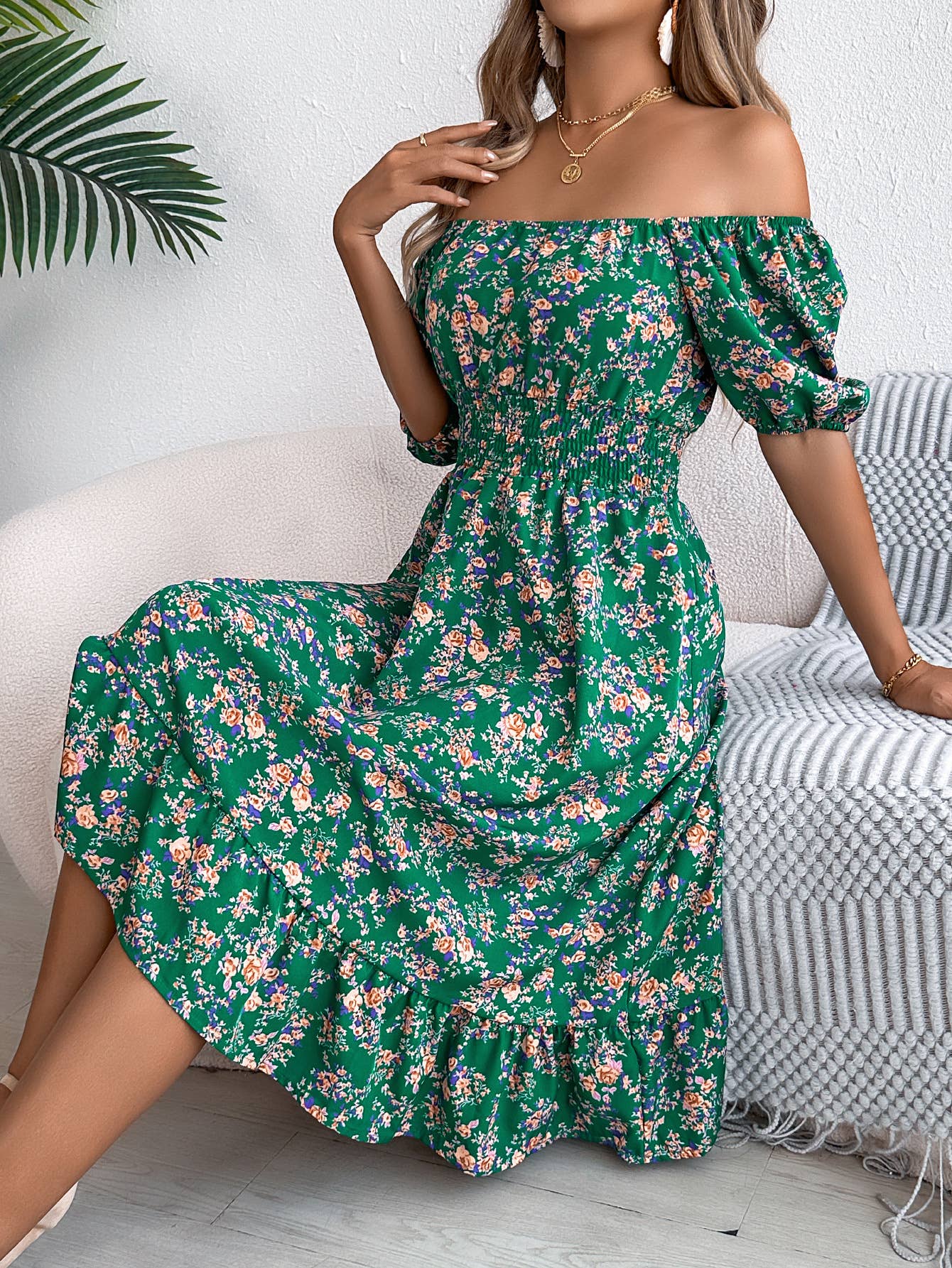 Floral square collar tucked waist peplum dress