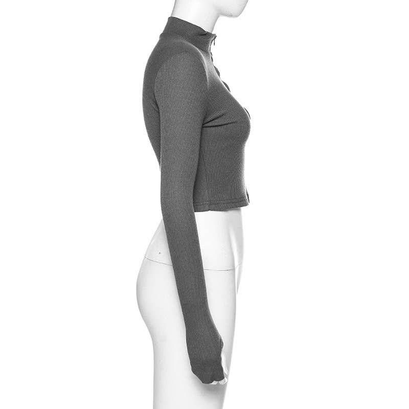 Zipper half neck crop slim T-shirt