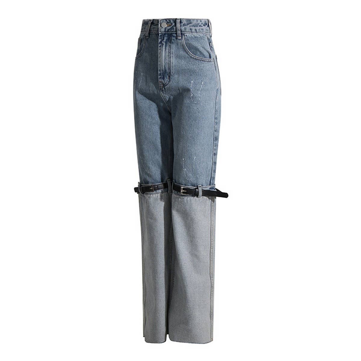 WOMENS HIGH WAISTED STRAIGHT LEG PATCHWORK JEANS
