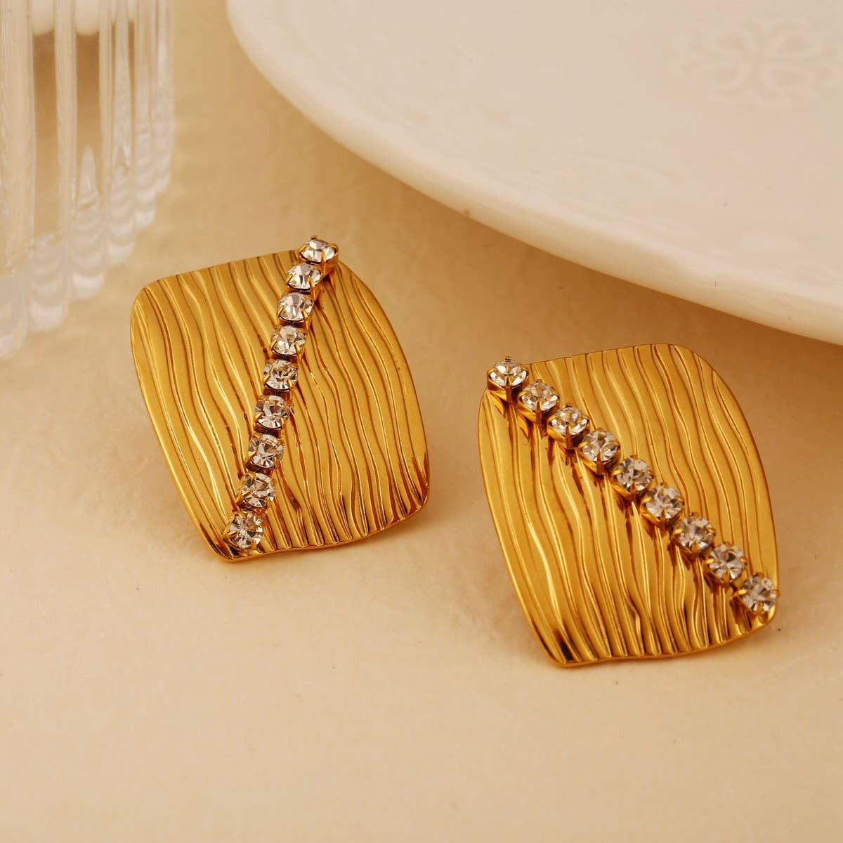 18K Stainless Steel Zircon Earrings & Ring Set_CWMM8913