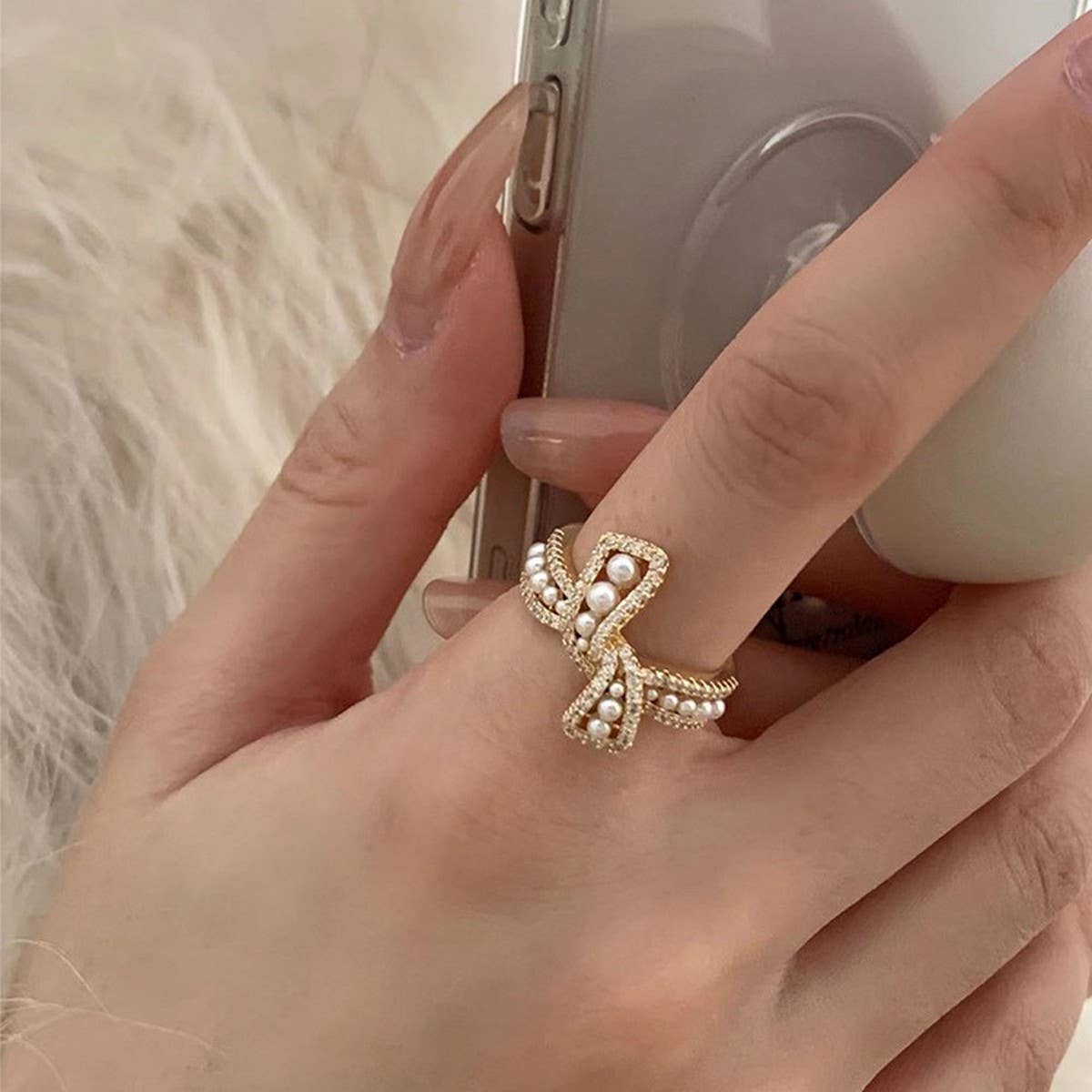 ALL-MATCH PEARL KNOTTED METAL OPEN RING FOR WOMEN_CWAJE3093