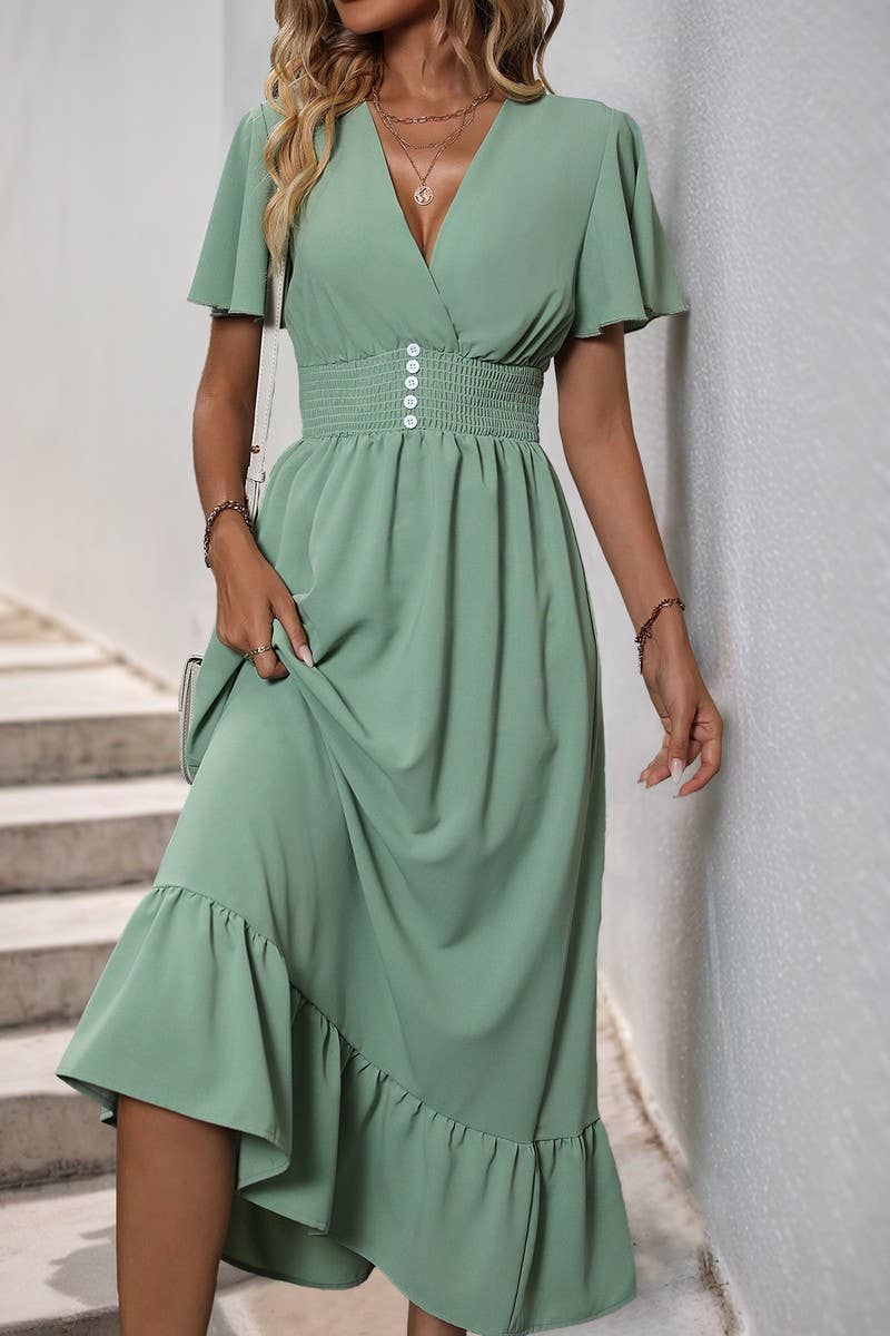 CWDMD4956_SUMMER LIGHT GREEN V-NECK RUFFLE HEM DRESS