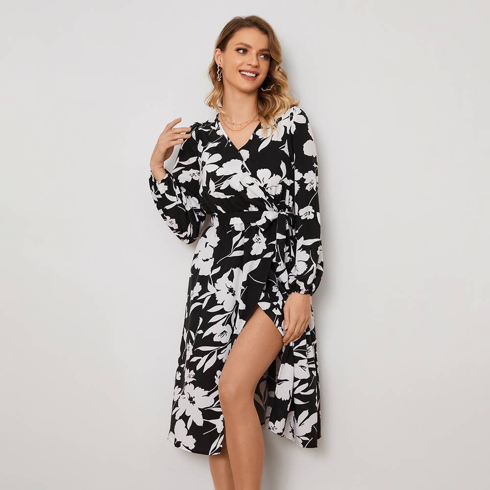 FLORAL SLIT WAIST STRAP LONG-SLEEVED DRESS