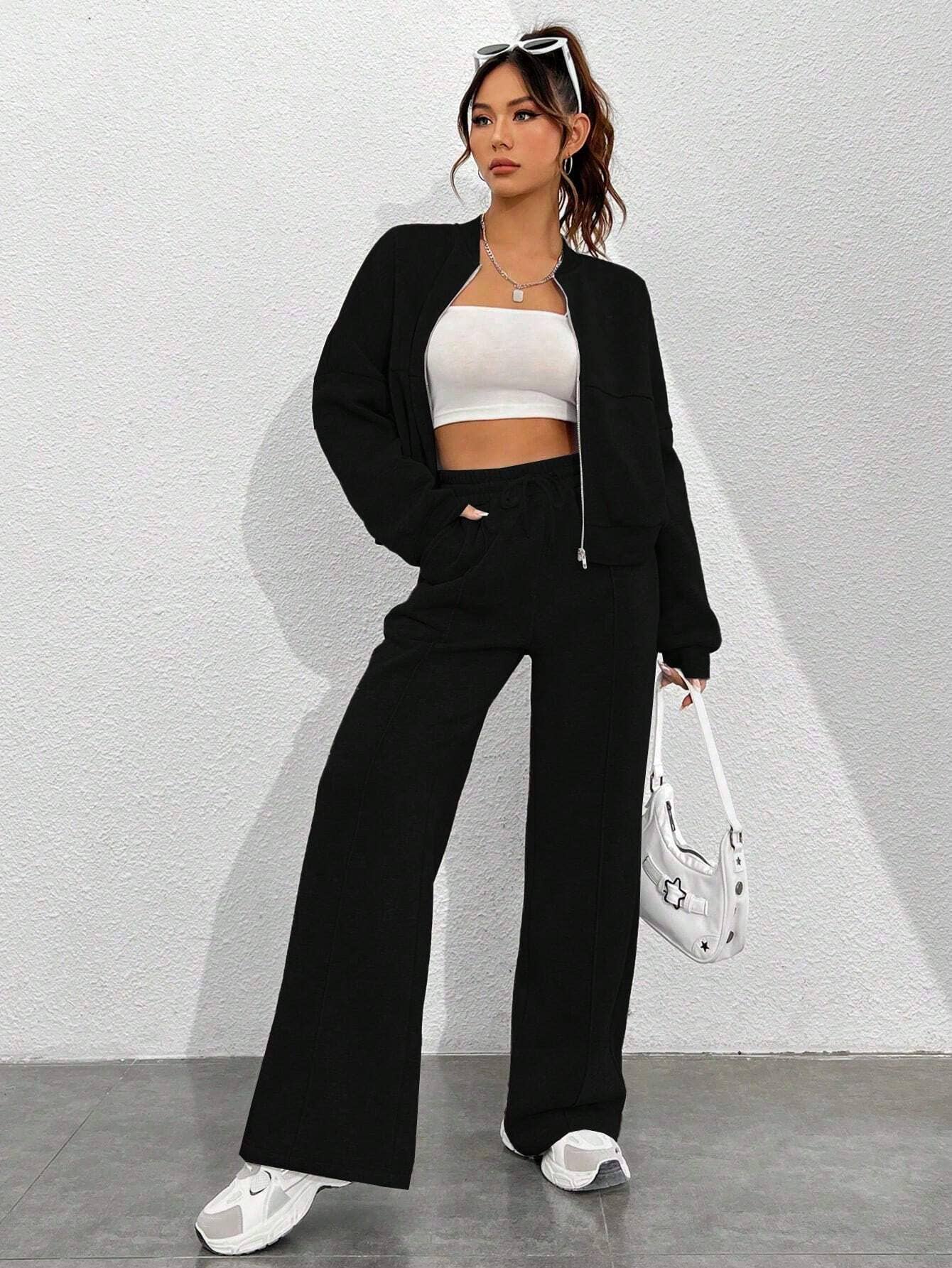 Zipper cardigan straight-leg sport pants set