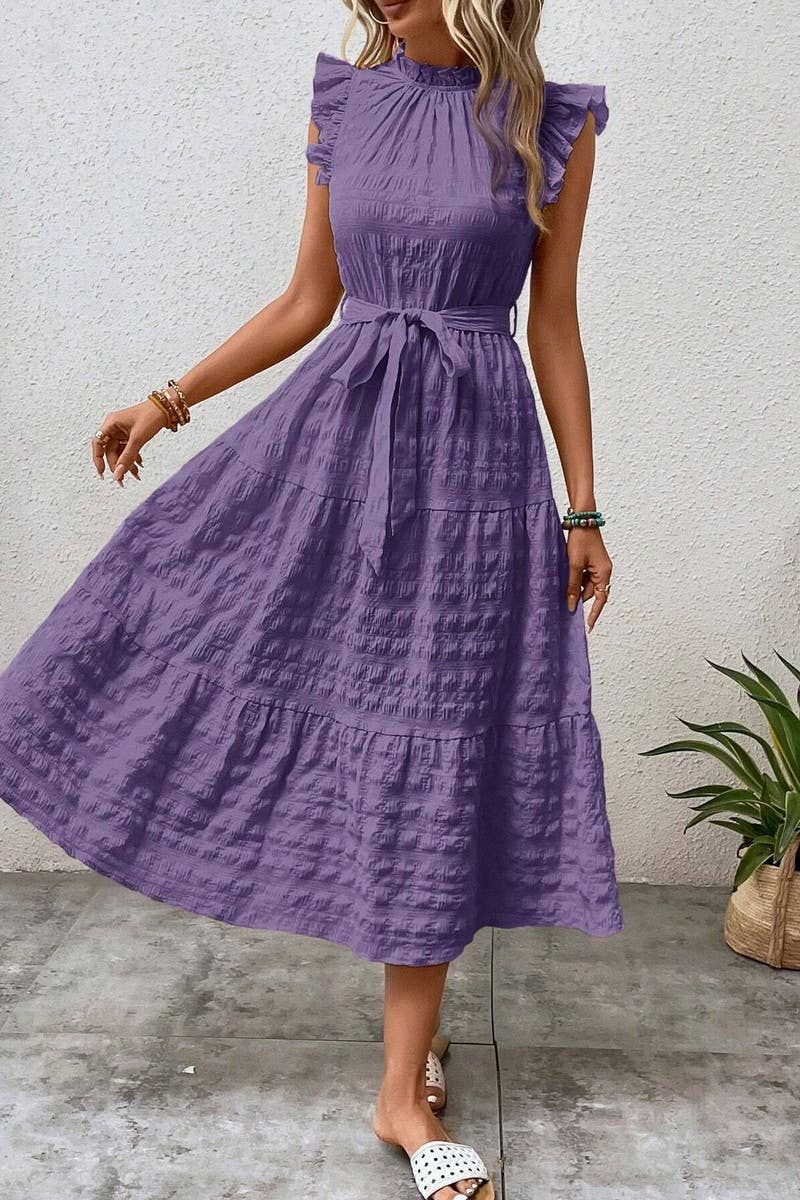 CWDMD4952_SUMMER RUFFLED FLYING SLEEVES TEXTURED DRESS