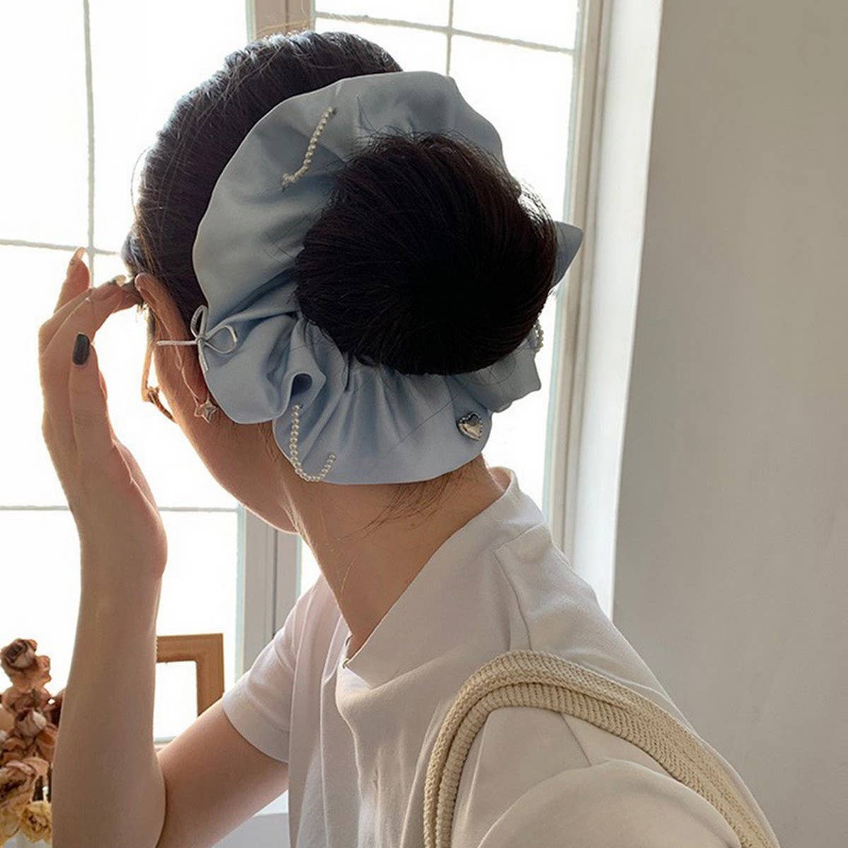Blue Satin Pearl Scrunchie for Bun Hairstyles_CWAHA5503