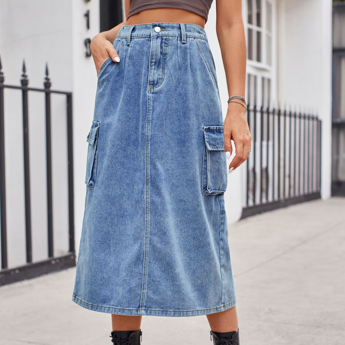 Women?™s Washed Denim Cargo Midi Skirt Slim Fit_CWJSK0198