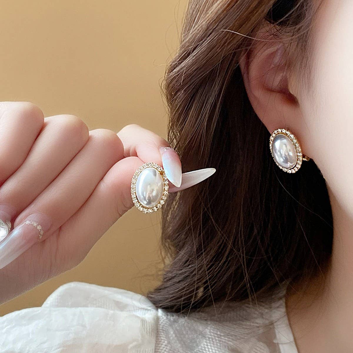 FRENCH RETRO OVAL DIAMOND PEARL EARRINGS