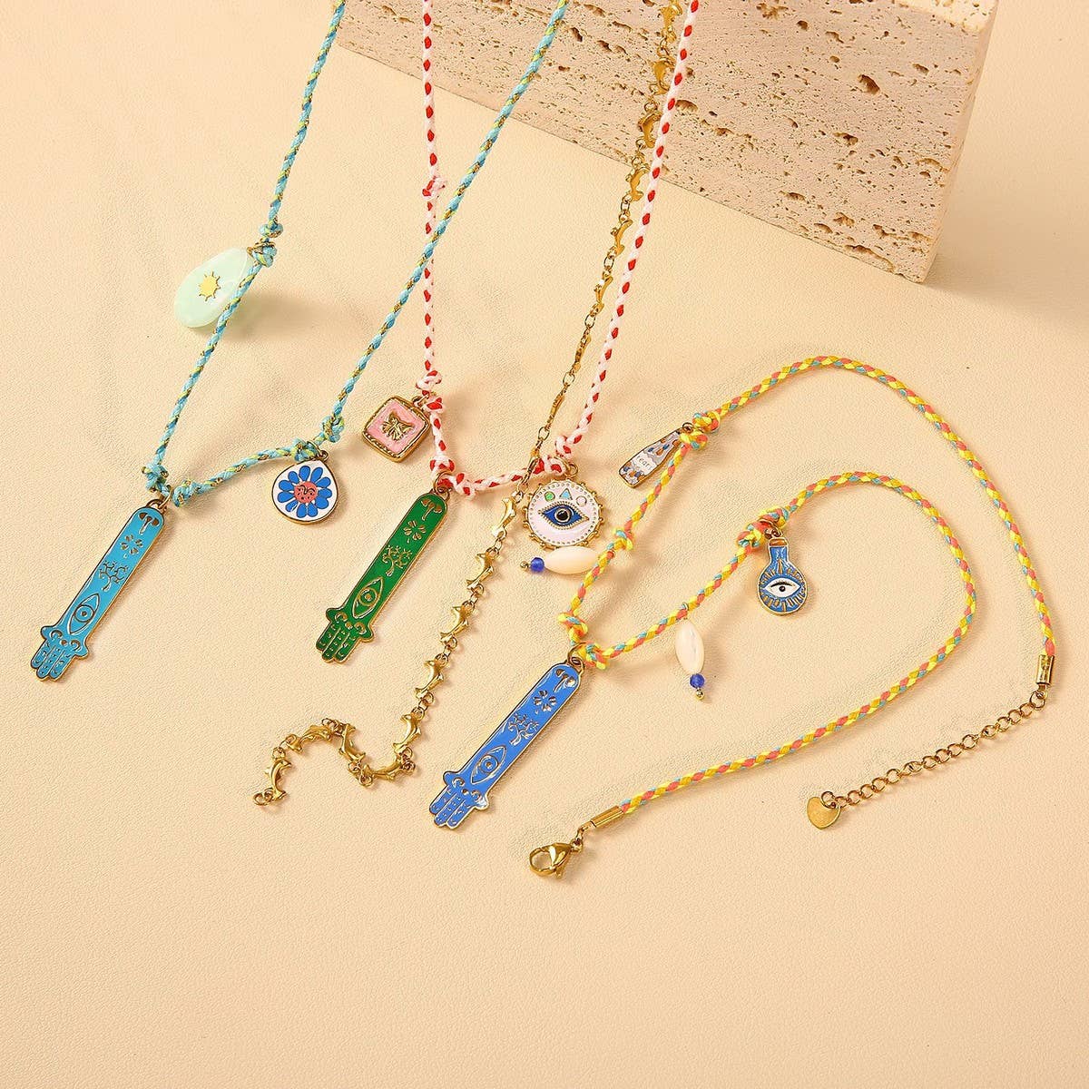Knotted Cotton Rope Necklace with Fatima Pendant
