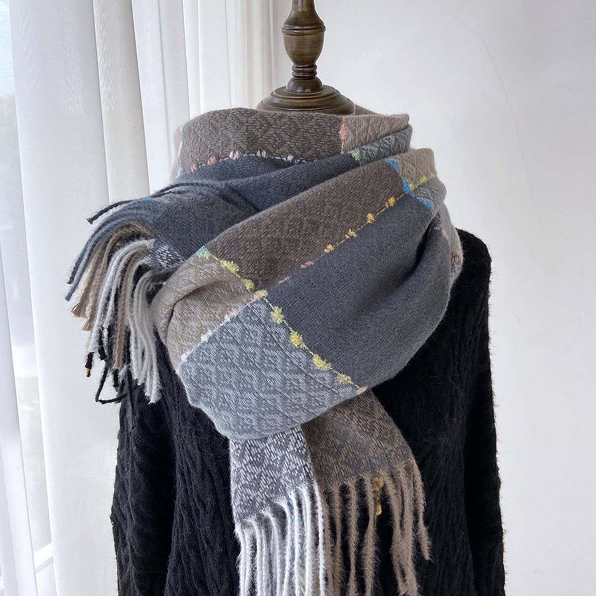 Plaid Faux Cashmere Scarf - Winter Tassel Wrap_CWASC1466