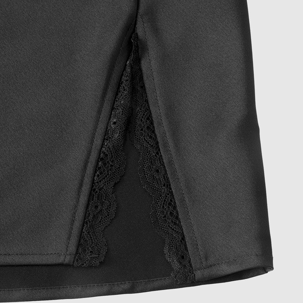 SATIN SKIRT LACE SLIT HIGH WAISTELASTIC SHORTSKIRT