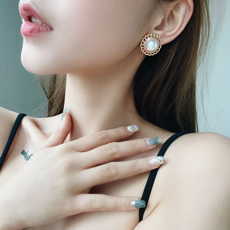S925 Silver needle pearl stud Geometric earrings