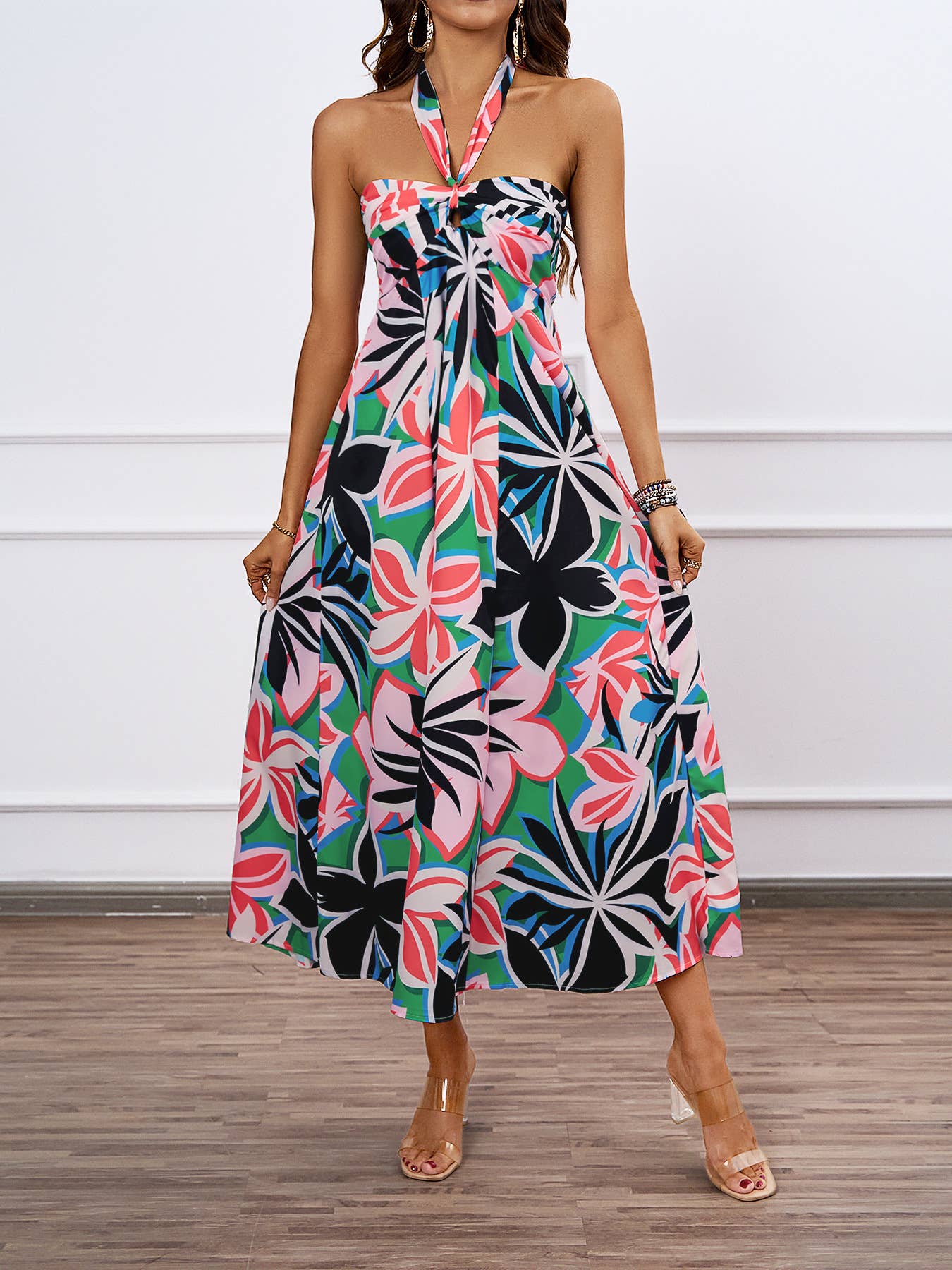 FLORAL PRINT HOLLOWED LACE HALTER LONG DRESS