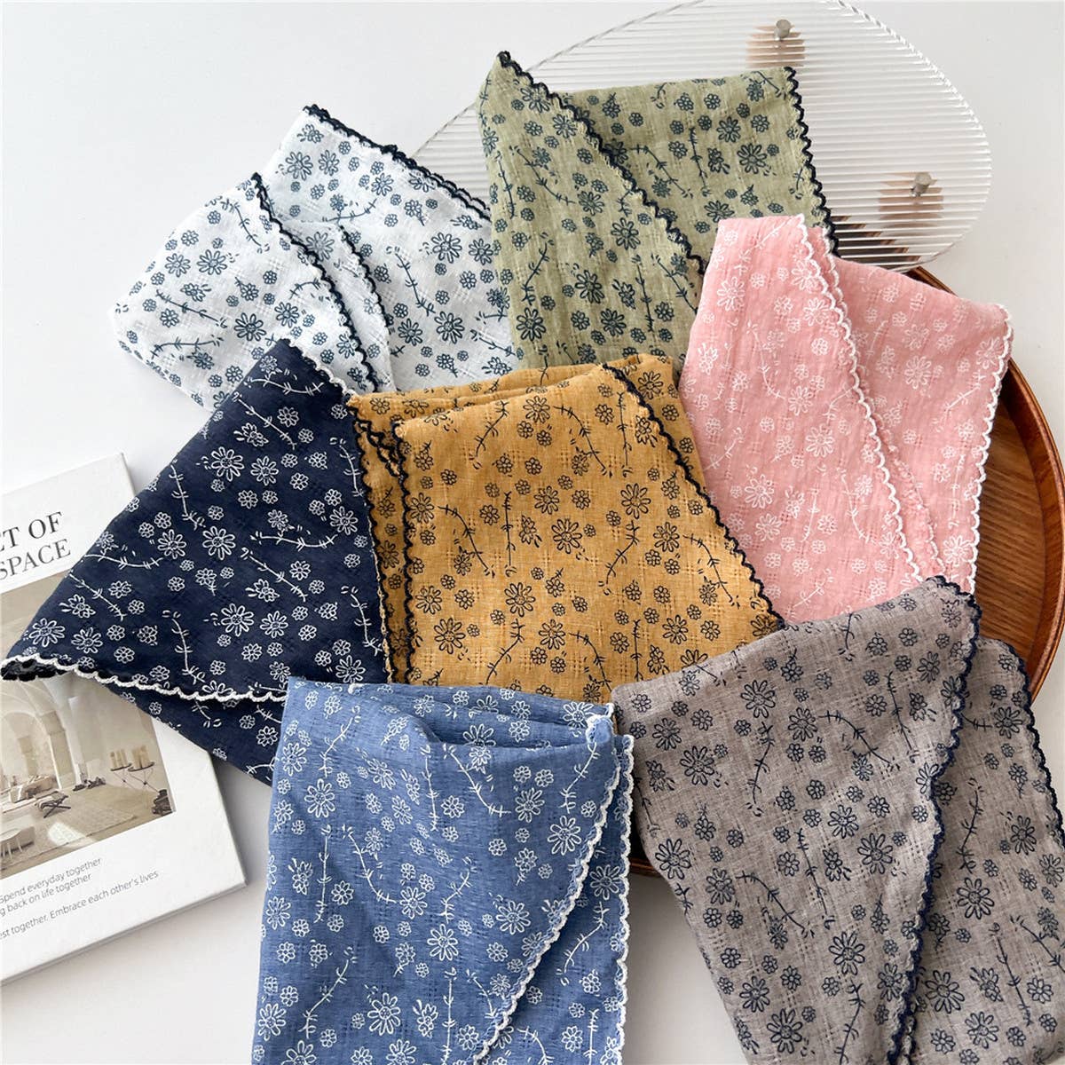 Lace Trim Cotton Linen Floral Triangle Scarf