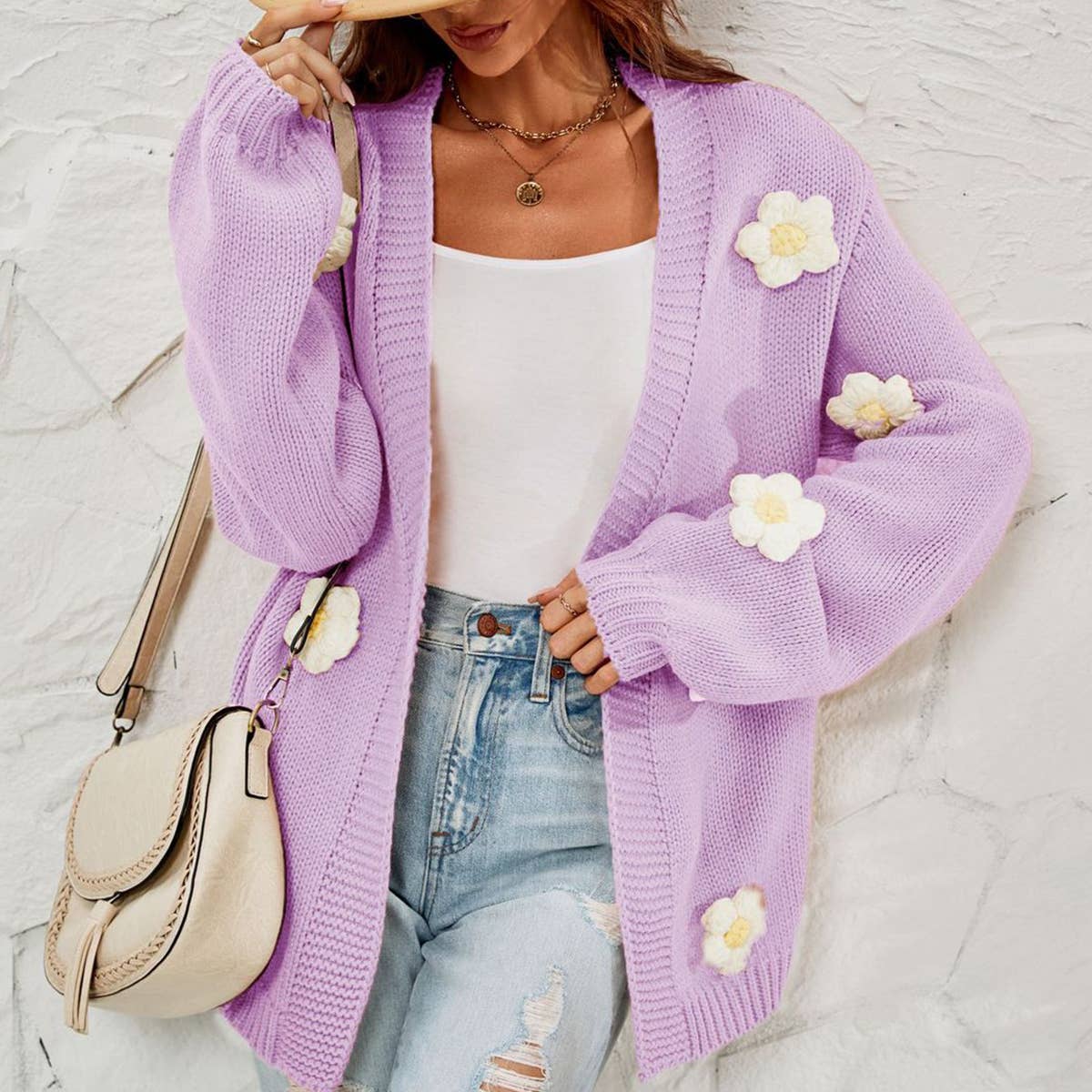 Flower cardigan lantern sleeve sweater coat