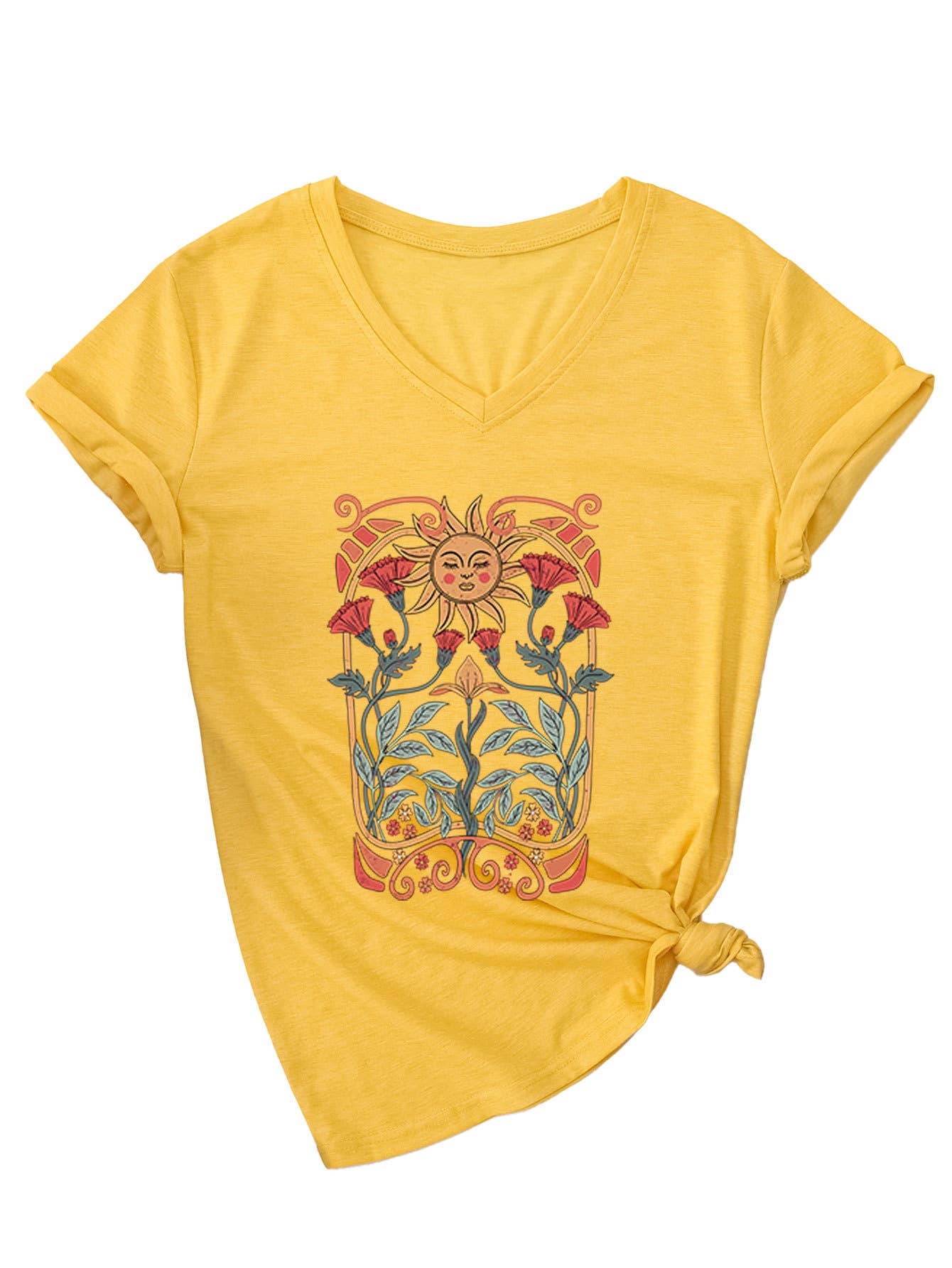 Floral sun print V-neck short-sleeved T-shirt