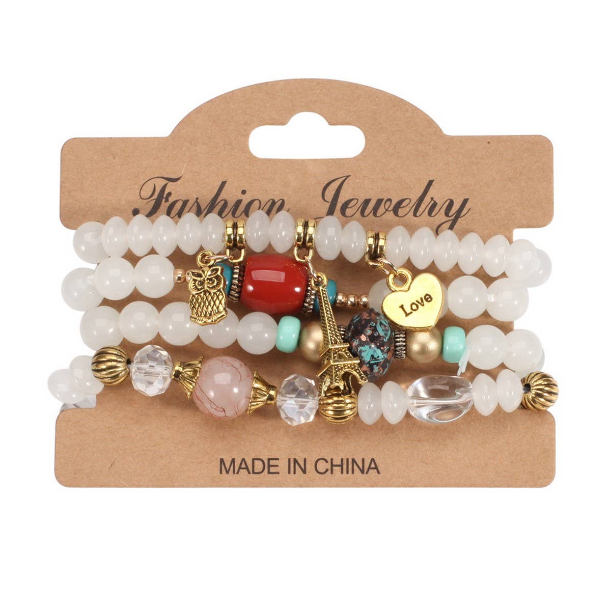 CWAJE05705_BOHO MULTI LAYER BEADED OWL EIFFEL BRACELET