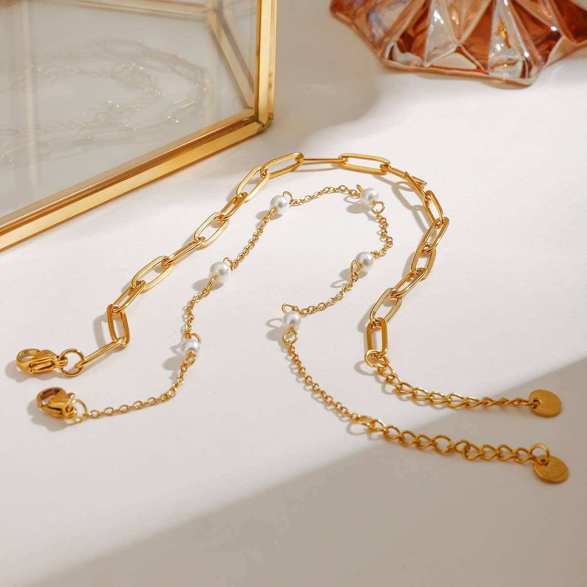 18K Gold Double Layer Pearl Paperclip Anklet_CWAJE4849