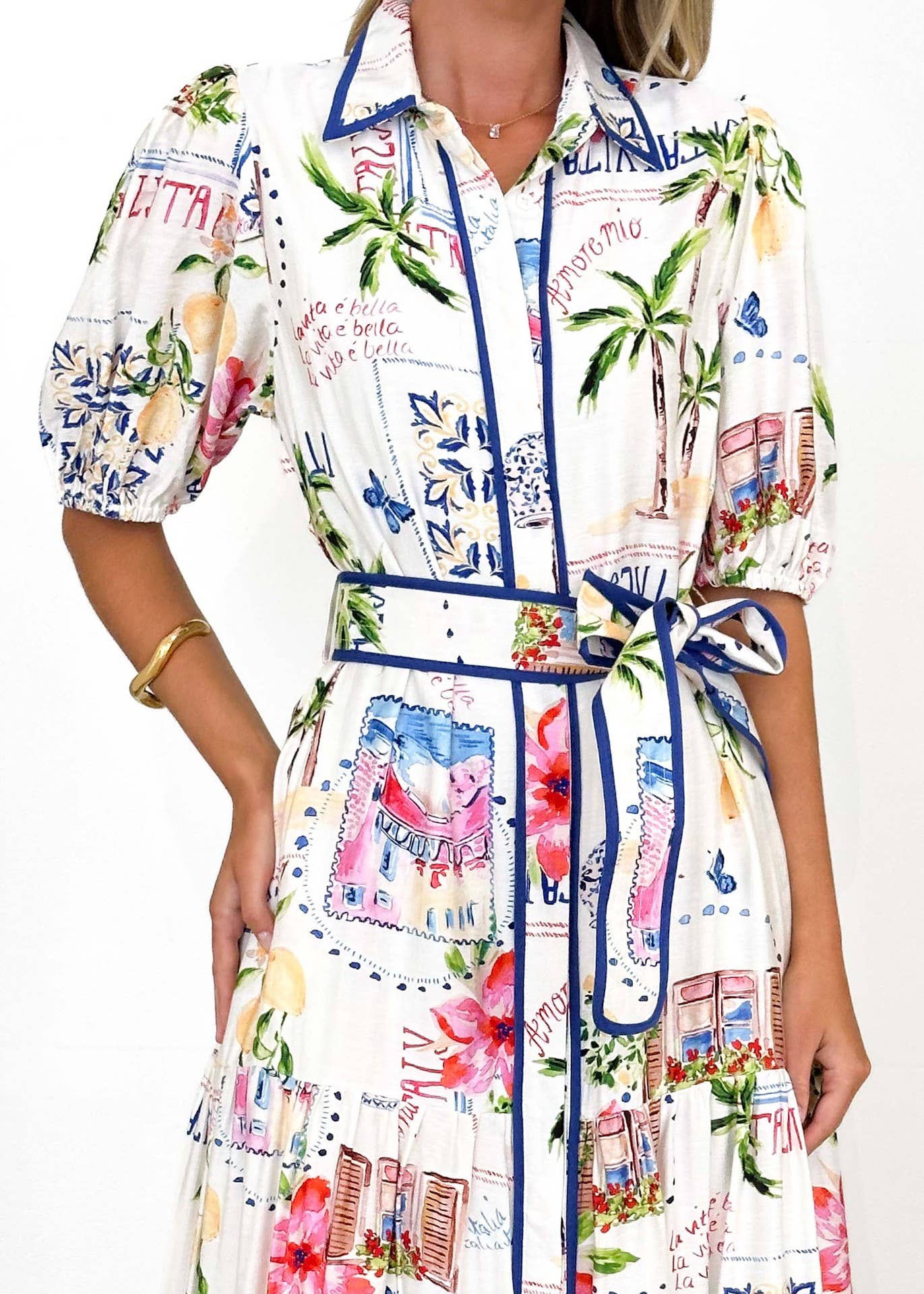 Floral printed lace-up short-sleeved dress