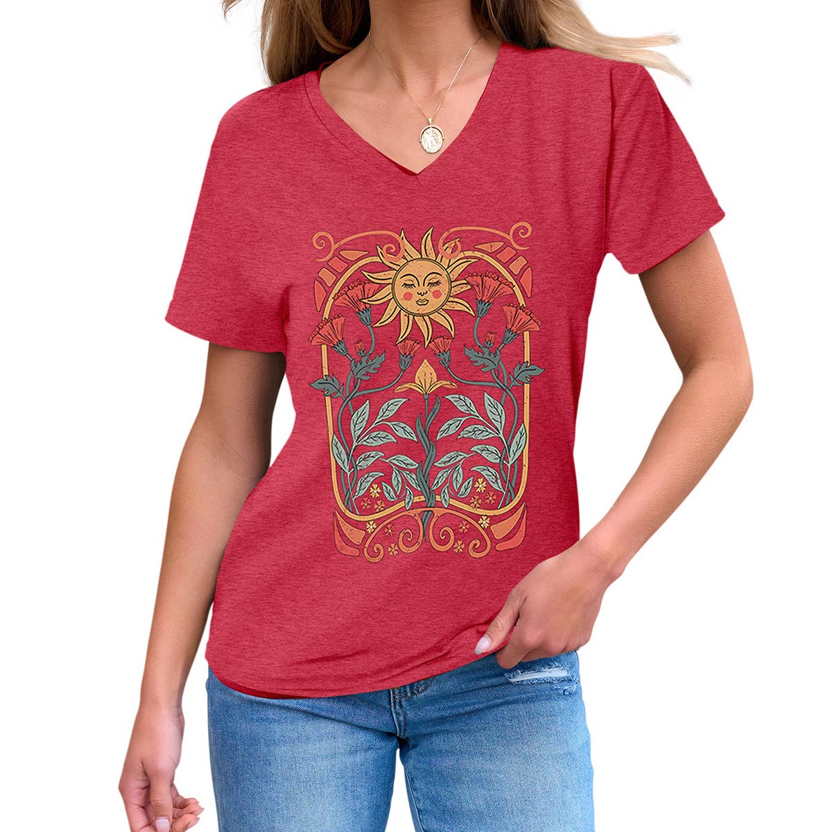 Floral sun print V-neck short-sleeved T-shirt