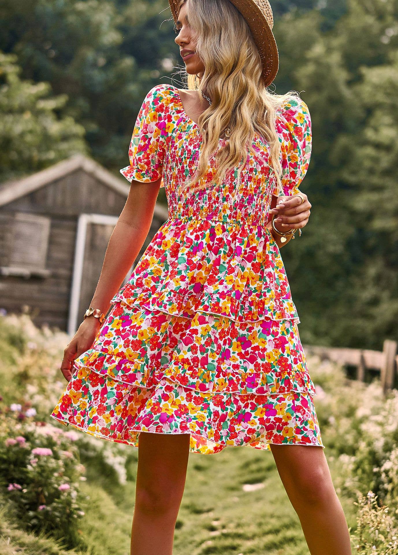 FLORAL SHORT SLEEVE CAKE DRESS