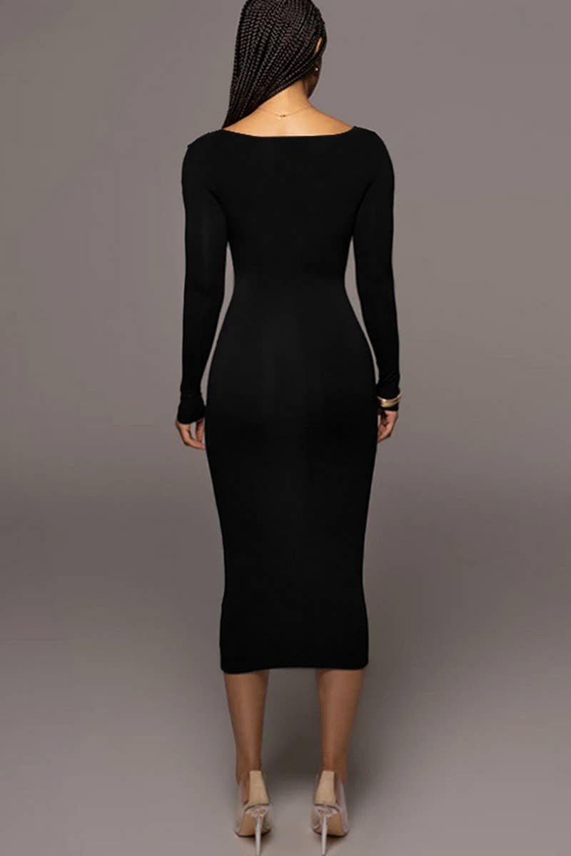 CWDMD4902_SOLID COLOR SLIM SQUARE NECK LONG SLEEVE DRESS