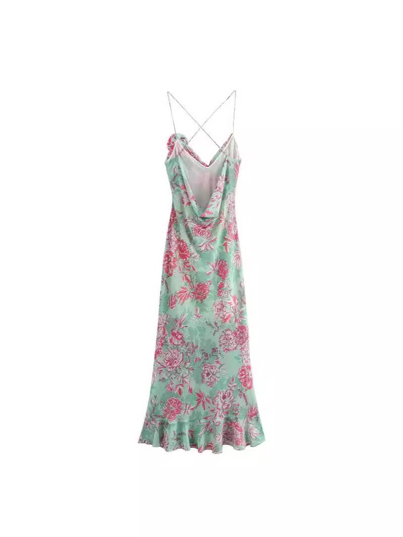 FLORAL PRINT HALTER HALTER DRESS WITH SWING COLLAR