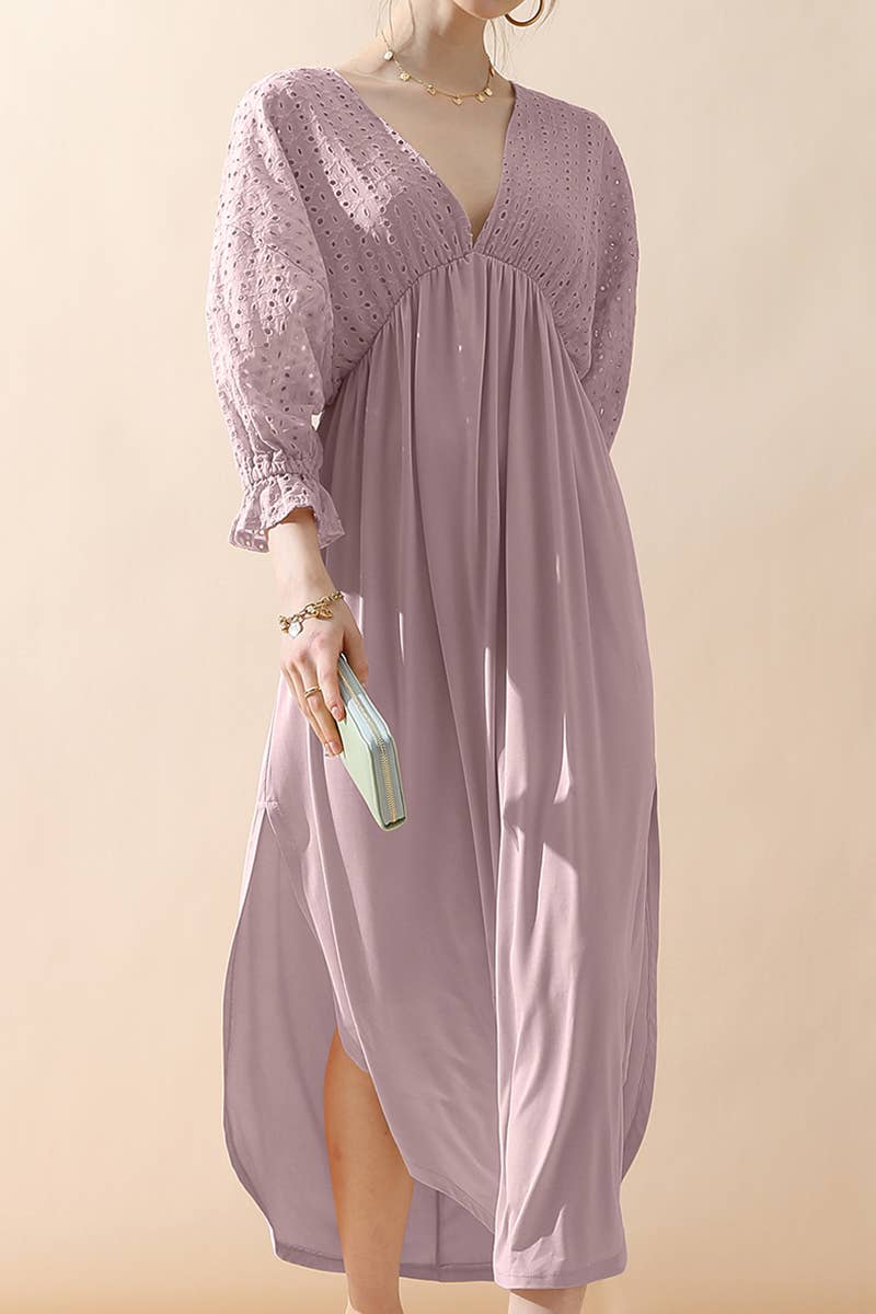 CWDMD795_3/4 SLEEVE V NECK LONG DRESS