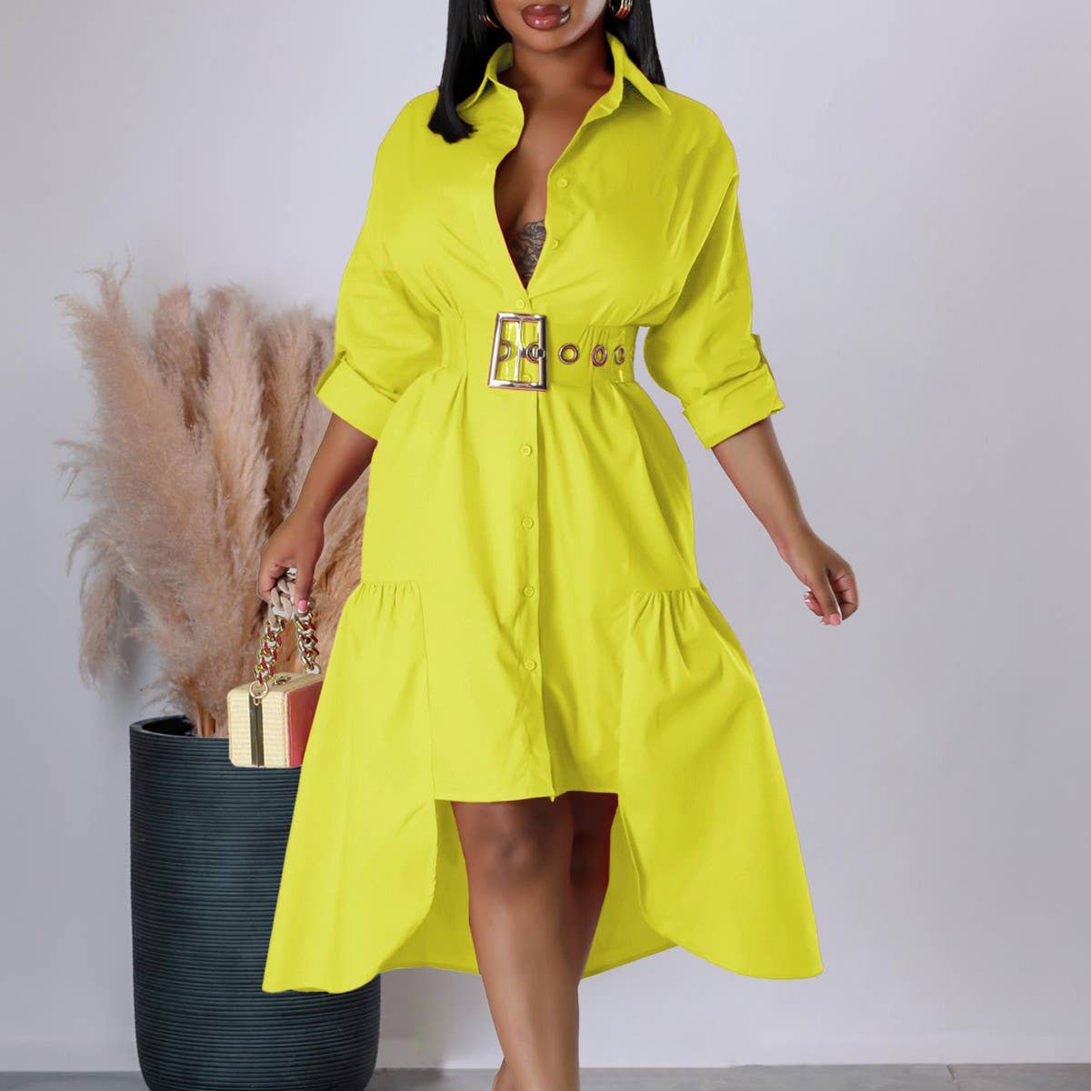 LAPEL SOLID COLOR FASHIONABLE LOOSE CASUAL DRESS_CWDSD6143
