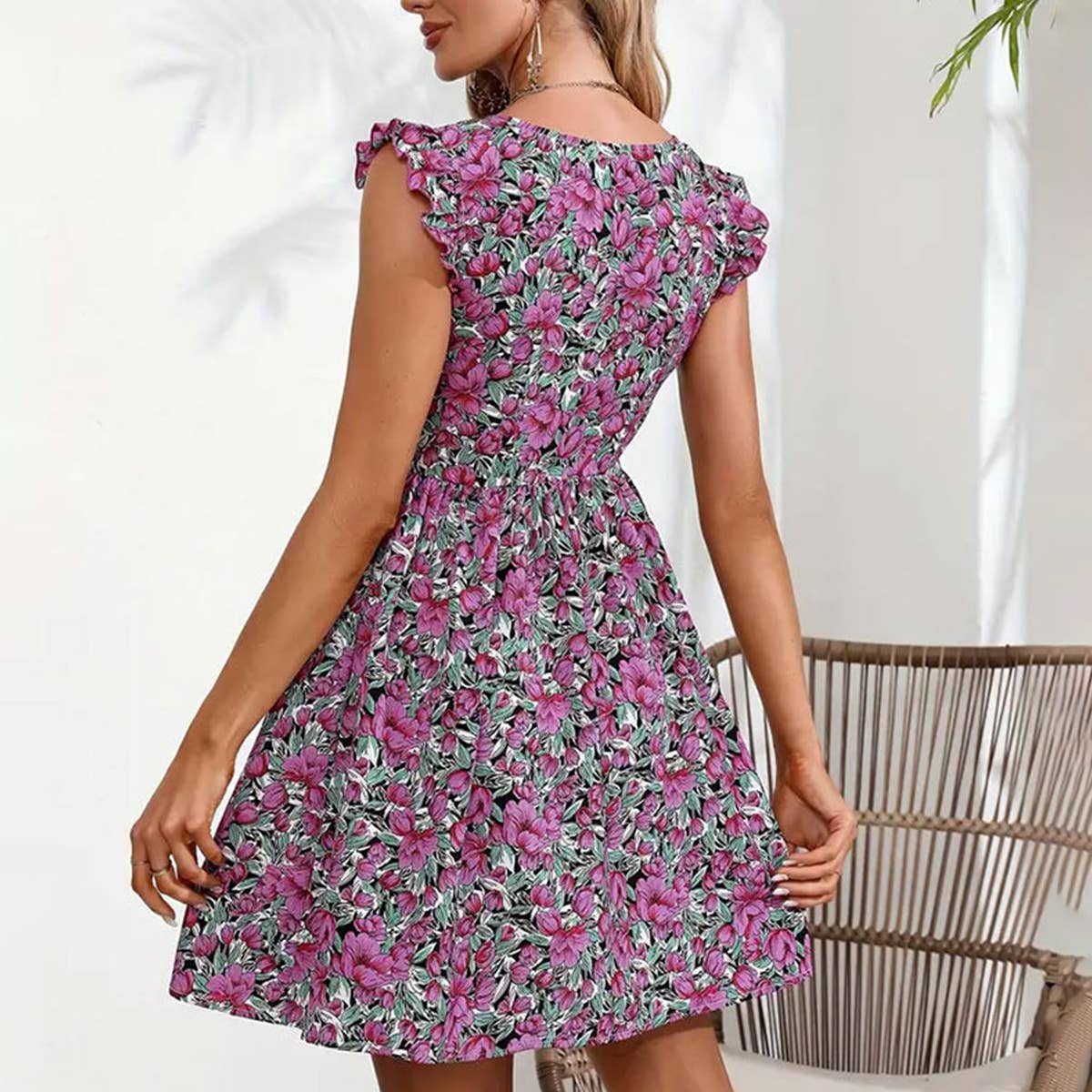 Floral waistline short dress_CWDSD3409