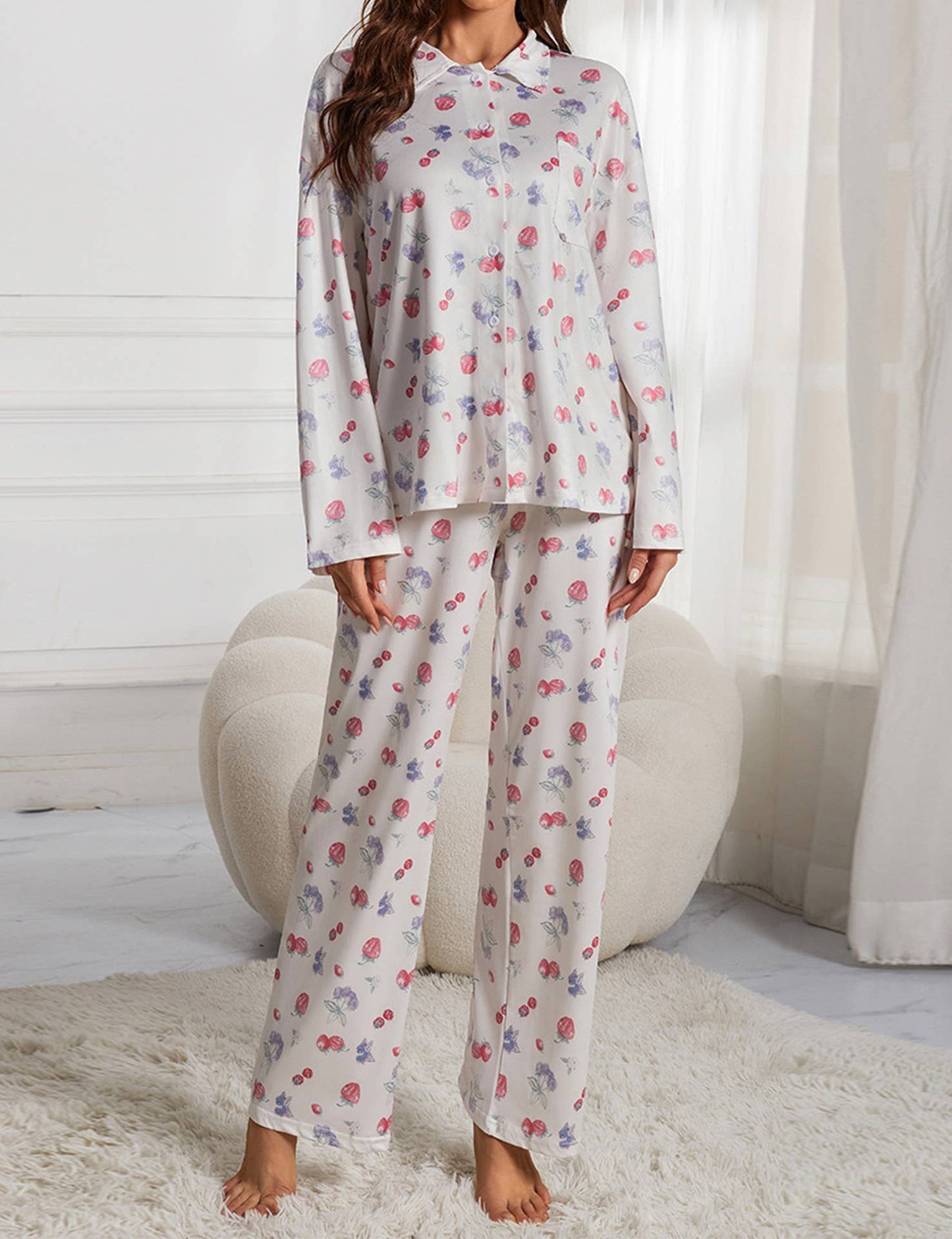 FLOWER AND FRUIT PRINT WIDE LEG PANT PAJAMA SET