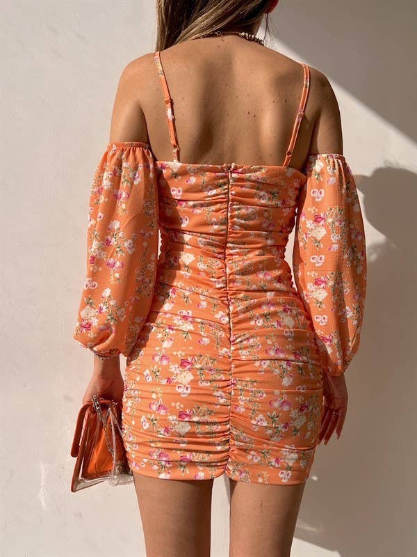 FLORAL PRINT LINE SHOULDER SEXY HALTER DRESS