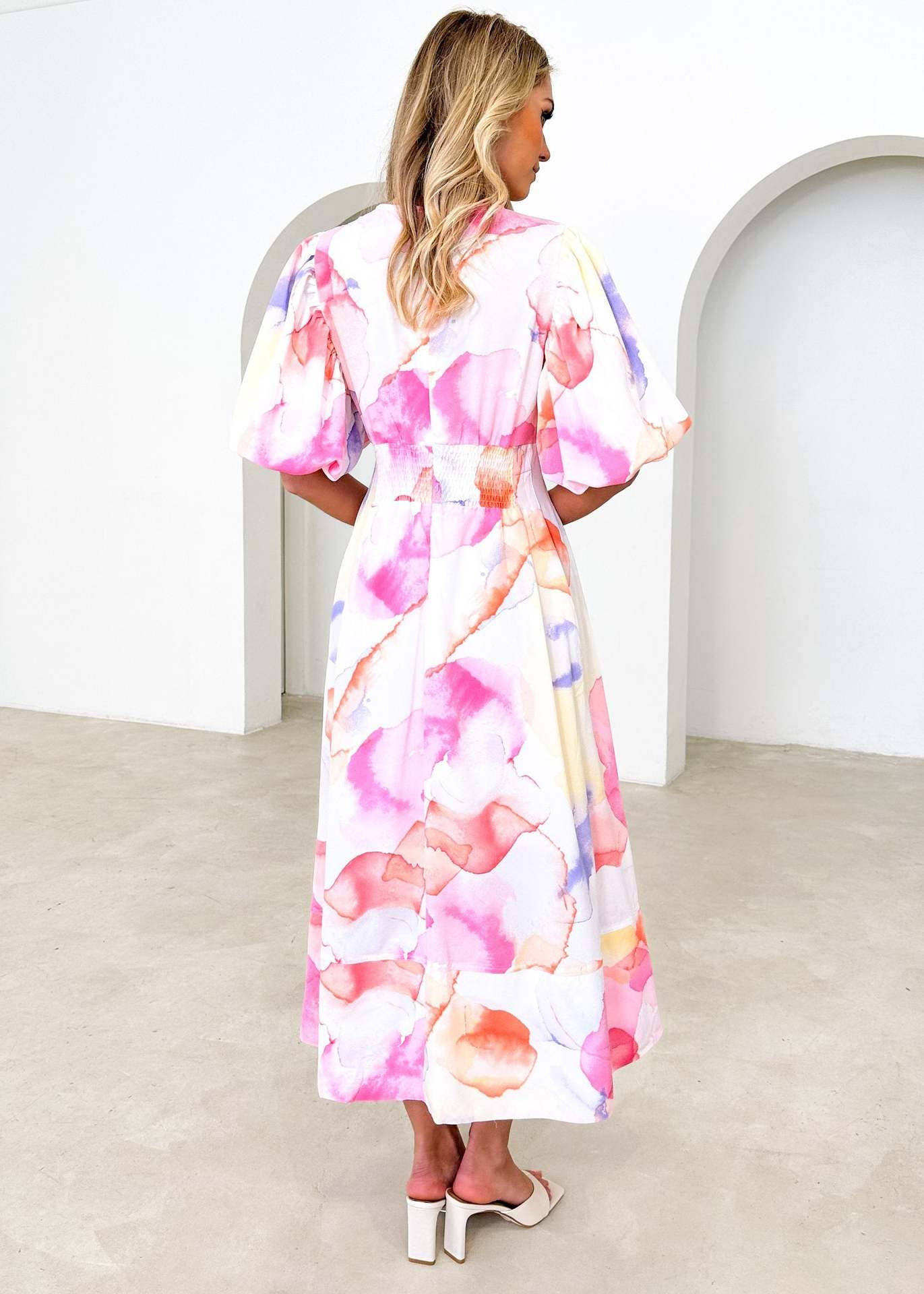 Floral printe puffed sleeve A-line elegant dress