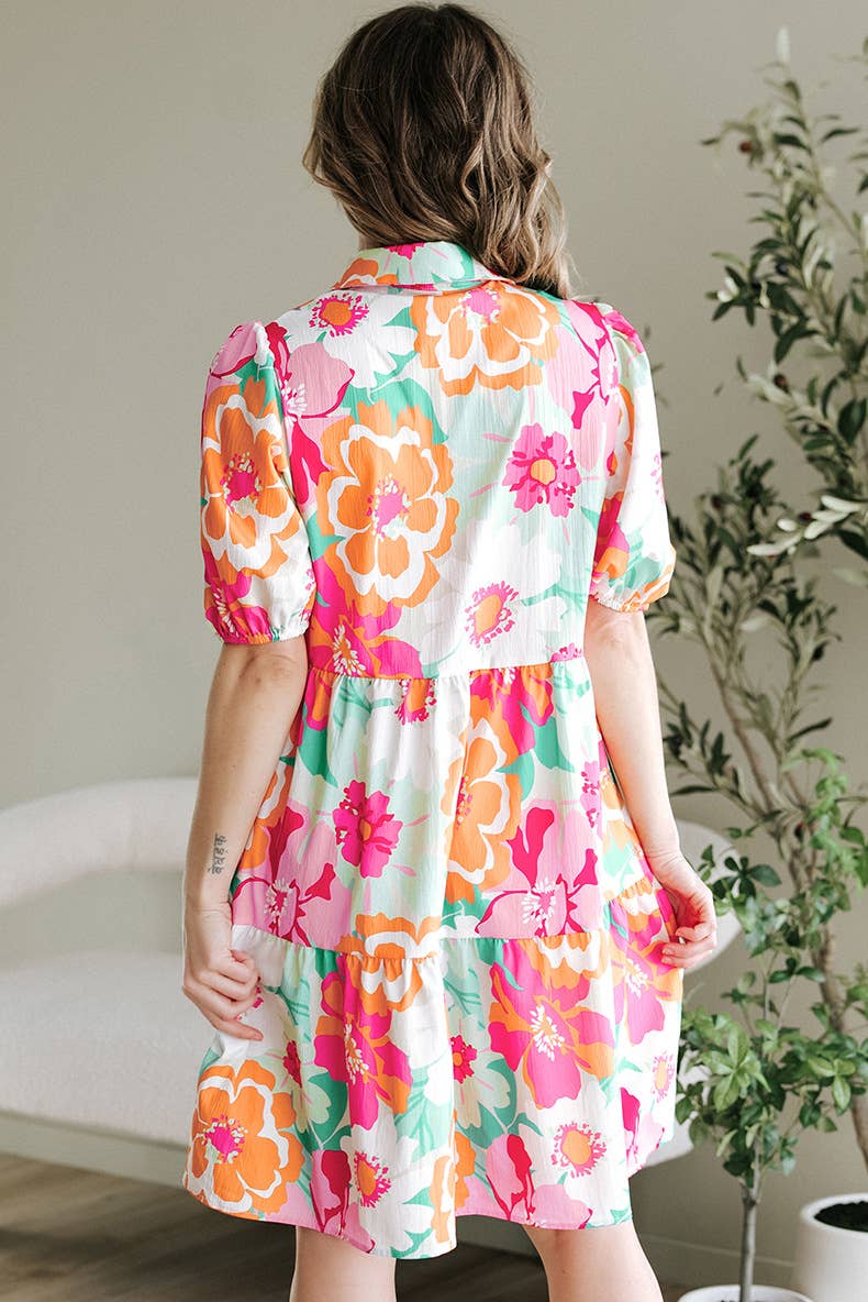 Floral printed puffed-sleeve loose short dress