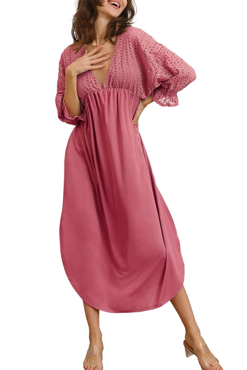 CWDMD795_3/4 SLEEVE V NECK LONG DRESS