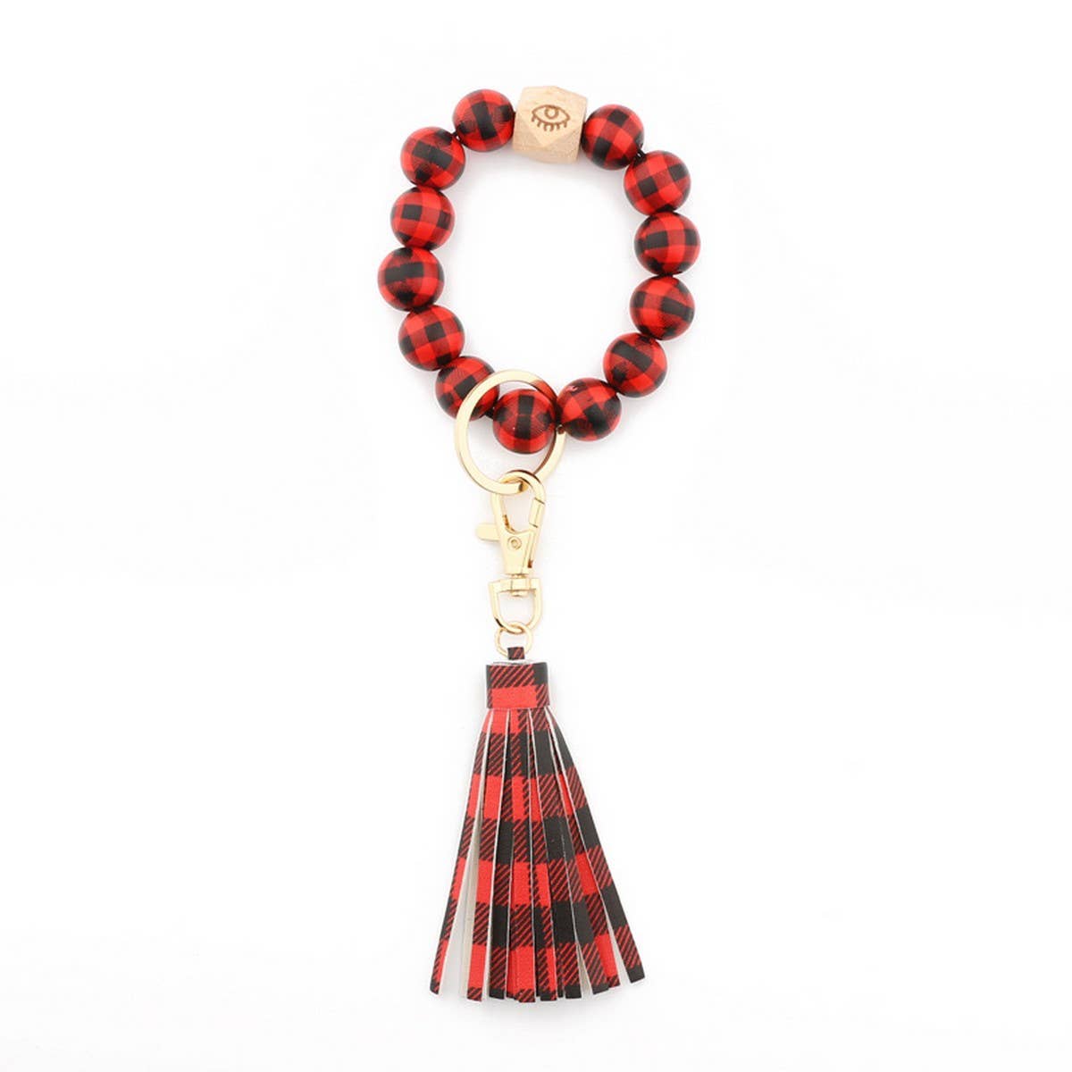 Leopard & Plaid Bead Bracelet Keychain Tassel