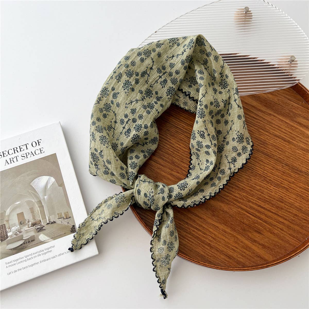 Lace Trim Cotton Linen Floral Triangle Scarf