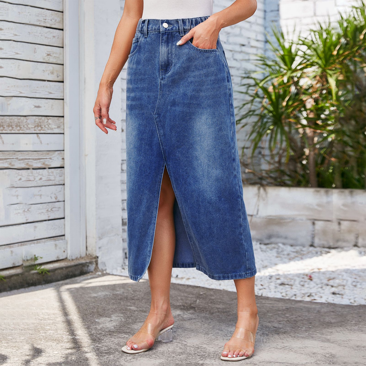 Women?™s Washed Denim Midi Skirt with Slit_CWJSK0196